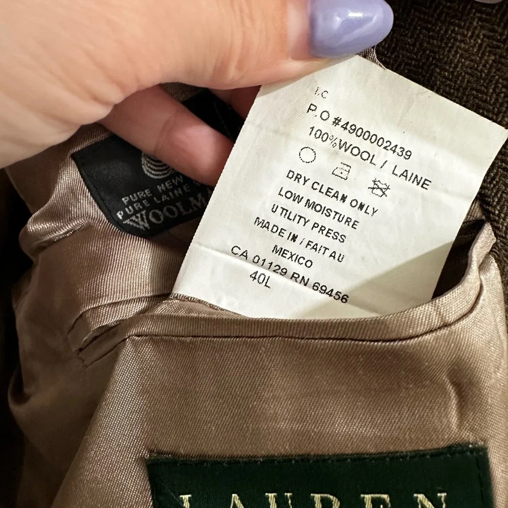 Lauren Ralph Lauren | Men's 100% Wool Brown Herringbone Blazer Sport Coat, 40L